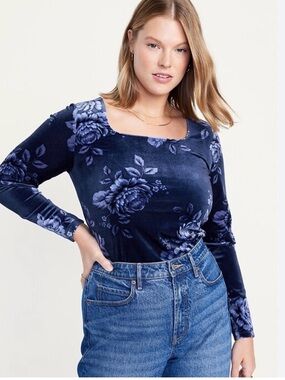 Old Navy Velvet Blue Floral Square Neck Top